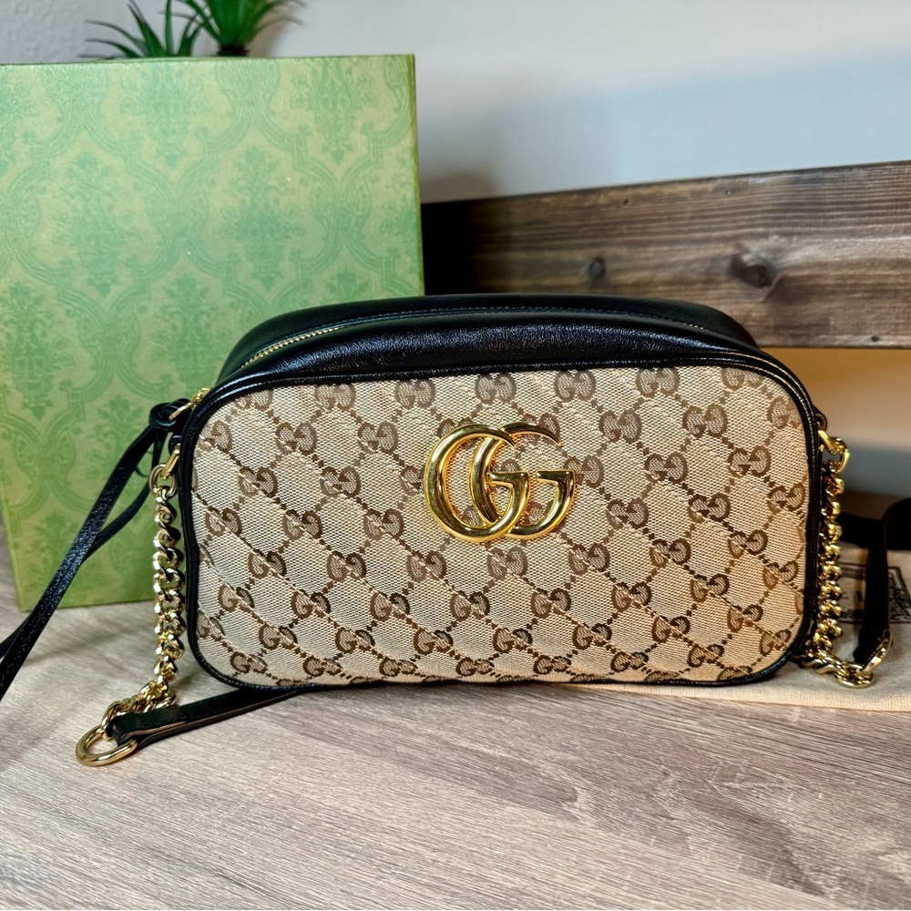 Gucci GG Canvas Marmont Crossbody with Black Leather Trim